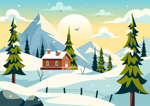 Casa de nieve y árbol de Navidad  Ilustración