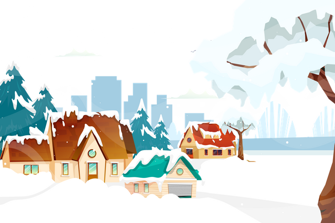 Casa no inverno caindo neve no Natal  Ilustração