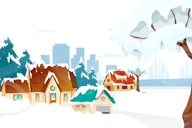 Casa no inverno caindo neve no Natal  Ilustração
