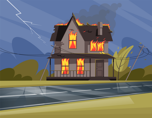 Casa residencial en llamas  Ilustración