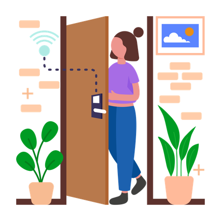 Menina protege casa com porta inteligente  Ilustração