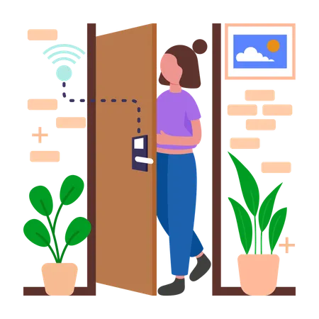 Menina protege casa com porta inteligente  Ilustração