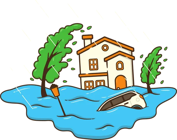 Casa sumergida bajo las olas del tsunami  Ilustración