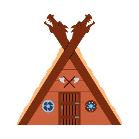 Casa vikinga nórdica de madera con detalles tallados  Ilustración