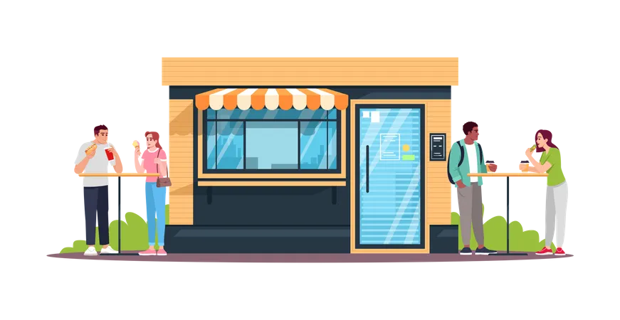 Casais Almocando Na Lanchonete Ilustracao Vetorial De Cor RGB Semi Plana Pessoas Comendo Em Locais Publicos Cafeteria E Comida De Rua Personagens De Desenhos Animados Isolados Em Fundo Branco Ilustração