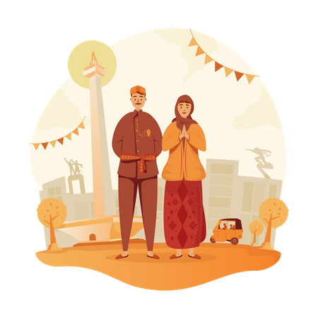 Casais com roupas tradicionais Betawi  Ilustração