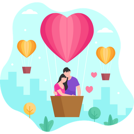 Casal abraçado em balão de ar quente  Ilustração