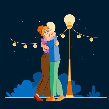 Casal abraçado na rua à noite  Ilustração