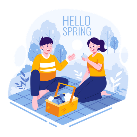 Casal acampando dando boas-vindas à primavera  Ilustração
