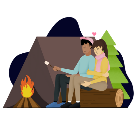 Casal acampando juntos na floresta no dia dos namorados  Ilustração