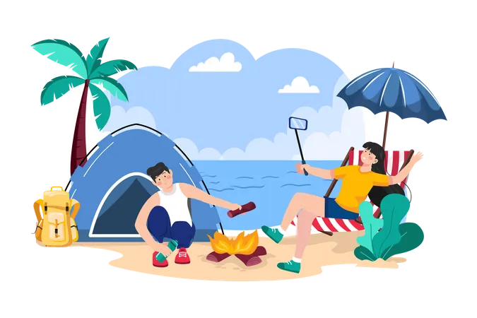 Casal acampando na praia  Ilustração