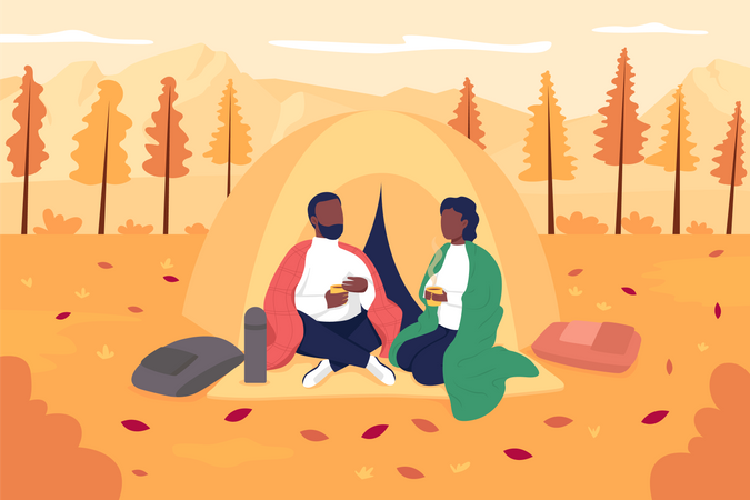 Casal acampando no outono  Ilustração