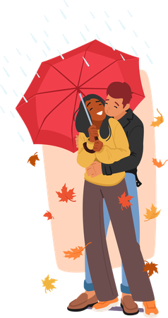 Casal aconchegante se abraça sob um guarda-chuva compartilhado  Ilustração