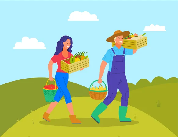 Casal de fazendeiros carregando legumes  Ilustração