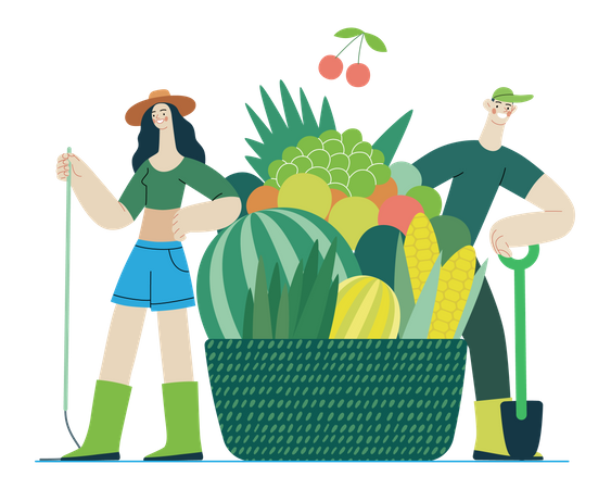 Casal de fazendeiros com cesta de frutas  Ilustração