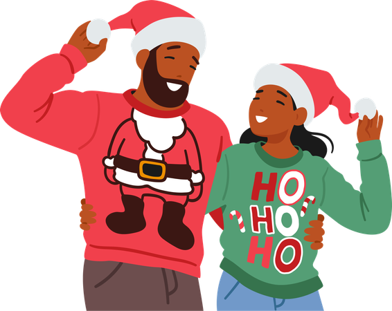 Casal alegre, masculino e feminino, vestindo suéteres de Natal combinando, adornados com padrões festivos  Ilustração