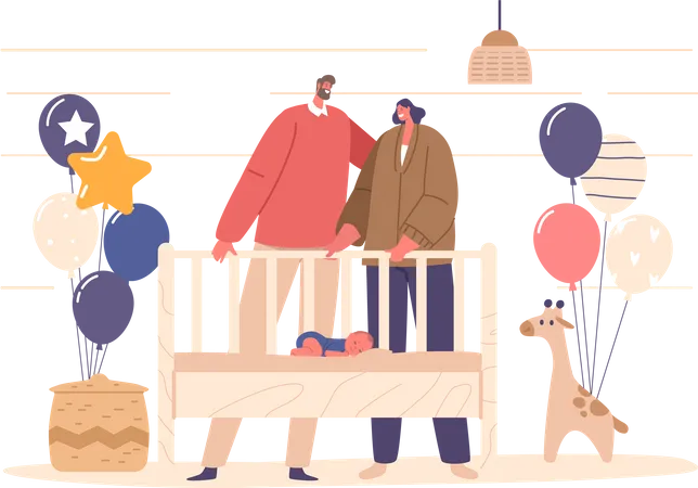 Casal alegre assistindo seu bebê recém-nascido dormindo em casa no berço  Ilustração