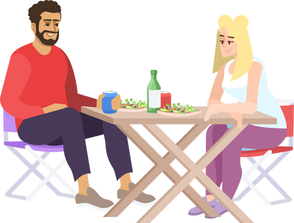 Casal almoçando no acampamento  Ilustração