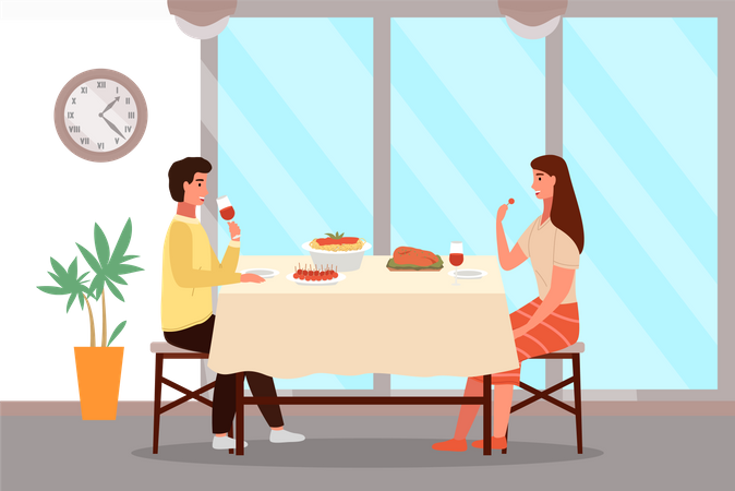 Casal almoçando em estilo italiano  Ilustração