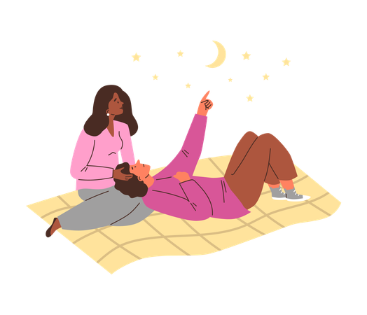 Casal amoroso feliz olhando para o céu estrelado com a lua  Ilustração