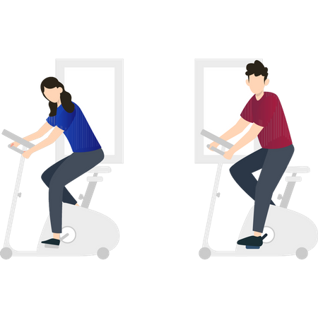 Casal andando de bicicleta na bicicleta de ginástica  Ilustração