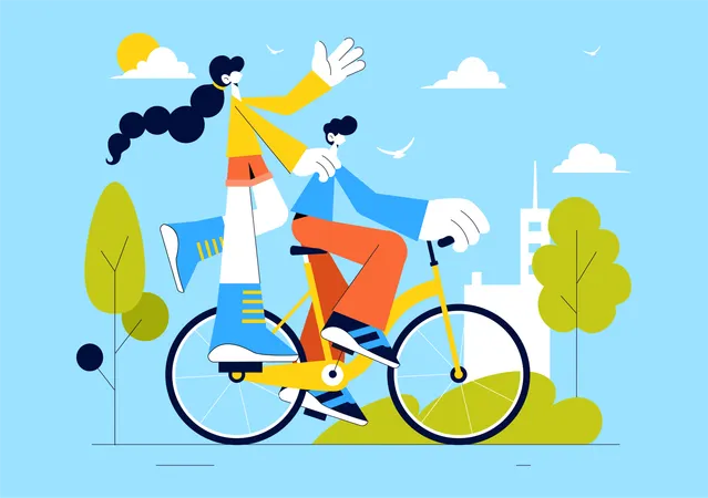 Casal andando de bicicleta no Dia Mundial da Bicicleta  Ilustração