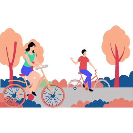 Casal andando de bicicleta no parque  Ilustração