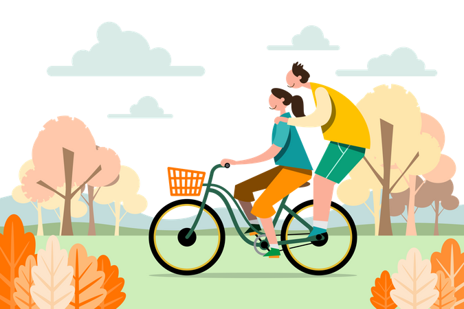 Casal andando de bicicleta no parque  Ilustração