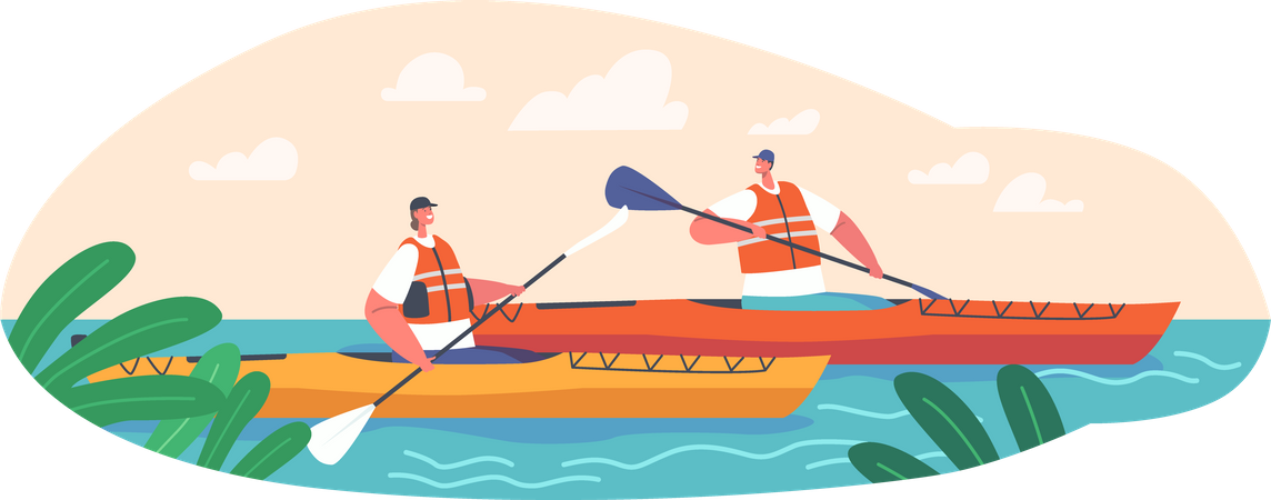 Casal andando de canoa em rio selvagem  Ilustração