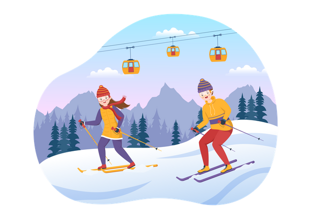 Casal andando de esqui juntos  Ilustração