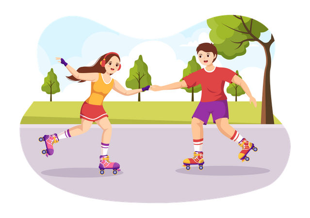 Casal andando de patins ao ar livre  Ilustração