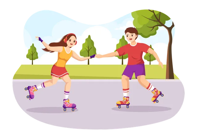 Casal andando de patins ao ar livre  Ilustração