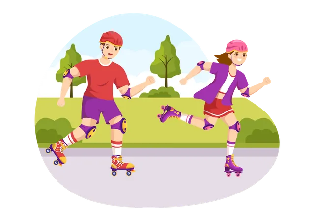 Casal andando de patins no parque  Ilustração