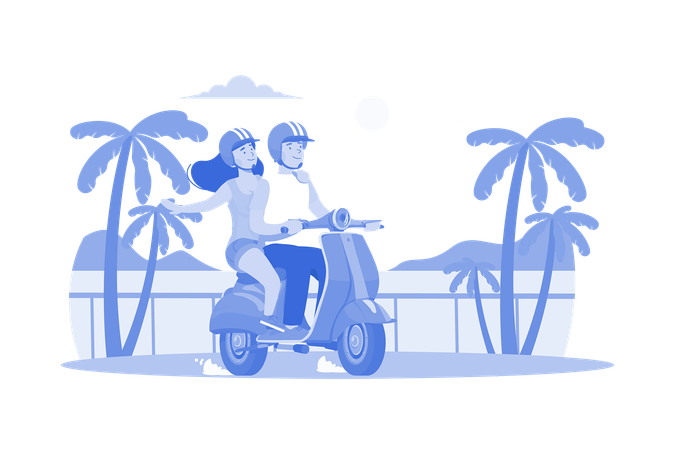 Casal andando de scooter  Ilustração