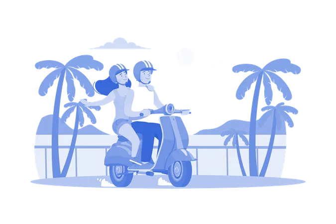 Casal andando de scooter  Ilustração