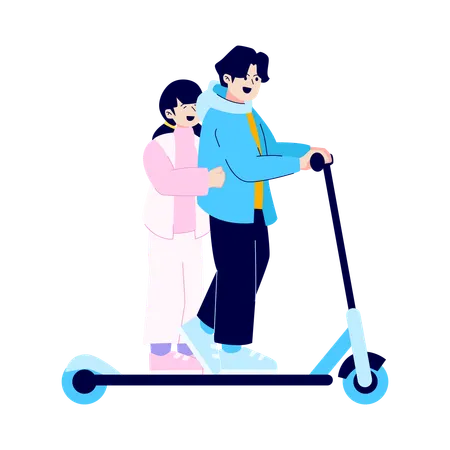 Casal andando de scooter  Ilustração