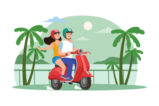 Casal andando de scooter  Ilustração