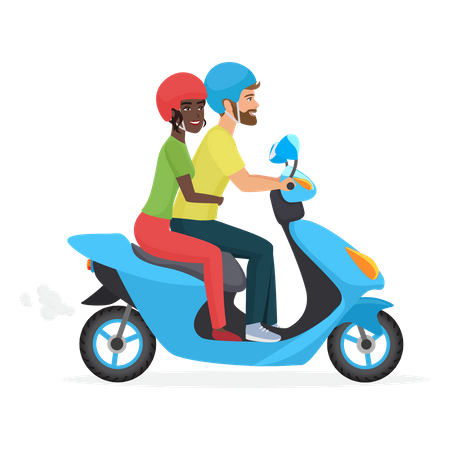 Casal andando de scooter juntos  Ilustração
