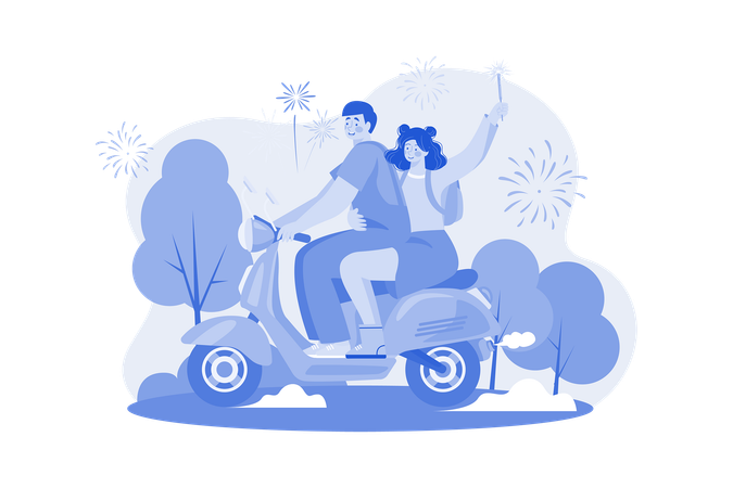 Casal andando de scooter no ano novo  Ilustração