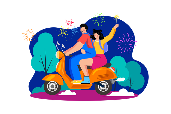 Casal andando de scooter no ano novo  Ilustração