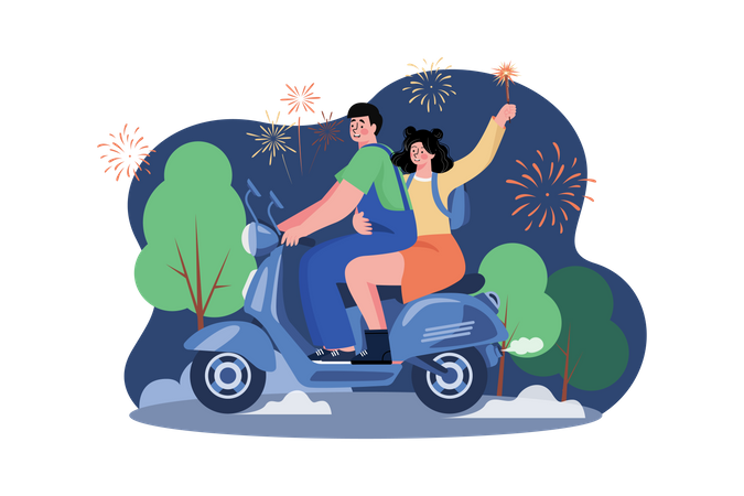 Casal andando de scooter no ano novo  Ilustração