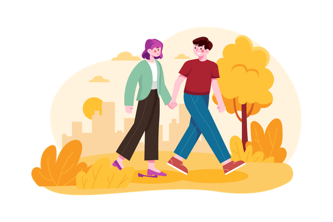 Casal andando no parque de mãos dadas  Ilustração