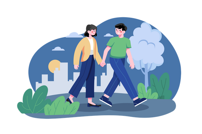 Casal andando no parque de mãos dadas  Ilustração