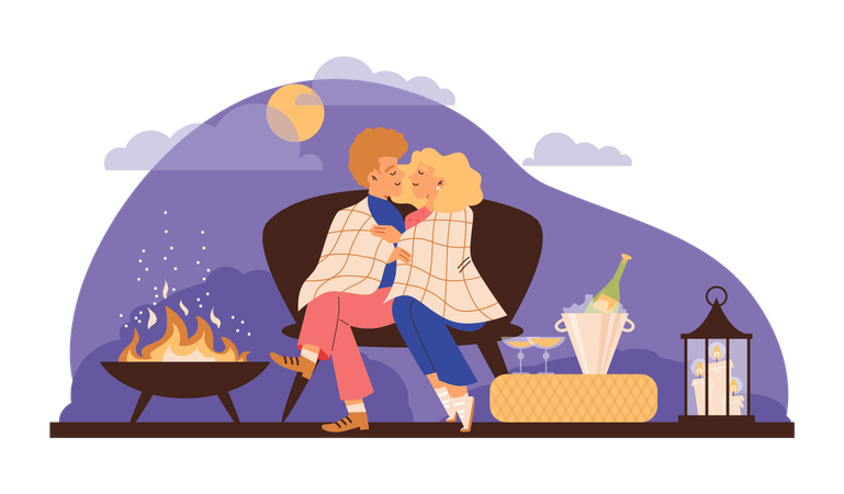 Casal apaixonado acampando na natureza  Ilustração