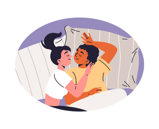 Casal apaixonado dormindo no quarto, nos braços um do outro  Ilustração