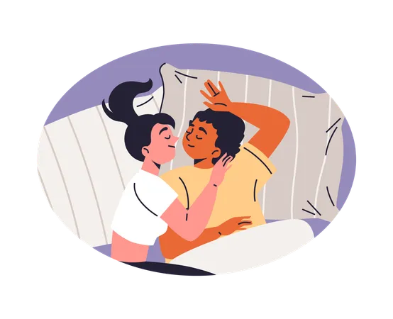 Casal apaixonado dormindo no quarto, nos braços um do outro  Ilustração