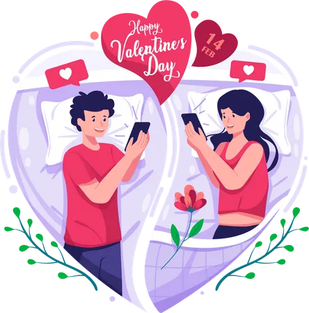 Casal Apaixonado Conversando No Smartphone No Quarto Amor A Longa Distancia Relacionamentos Virtuais Ilustracao Do Conceito De Dia Dos Namorados Ilustração