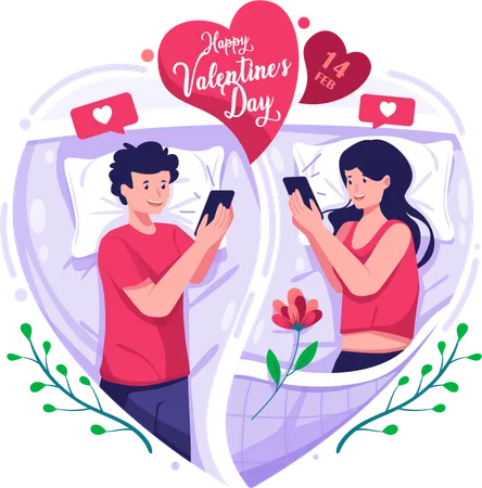 Casal Apaixonado Conversando No Smartphone No Quarto Amor A Longa Distancia Relacionamentos Virtuais Ilustracao Do Conceito De Dia Dos Namorados Ilustração