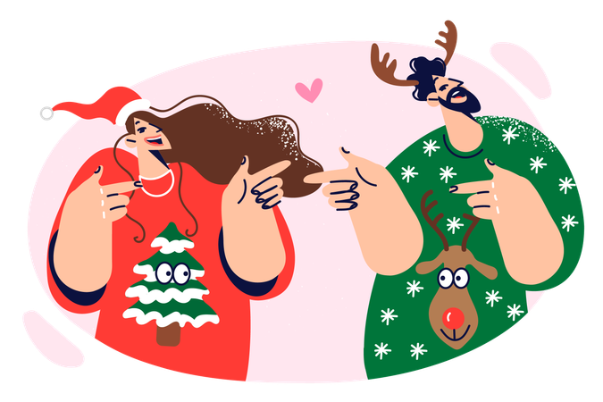 Casal apaixonado está vestindo blusas de natal e sorrindo  Ilustração