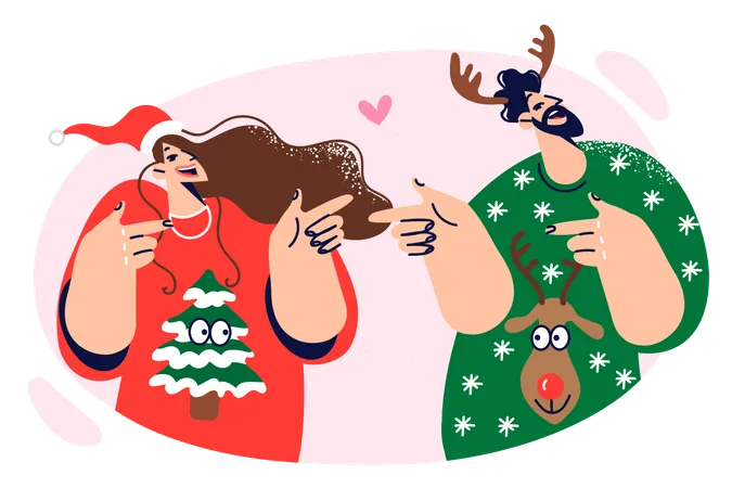 Casal apaixonado está vestindo blusas de natal e sorrindo  Ilustração